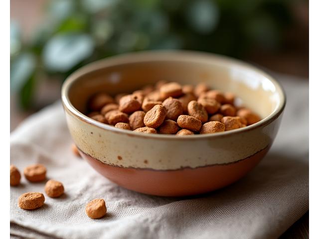 Artisan ceramic dog bowl in earth tones with a glazed interior, filled with kibble.