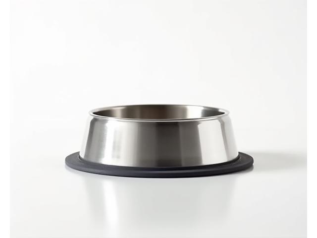 Sleek, polished stainless steel dog bowl with a non-slip rubber base.