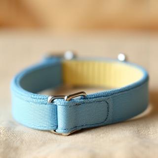 A soft, adjustable dog collar specifically for puppies, possibly a gentle pastel color.