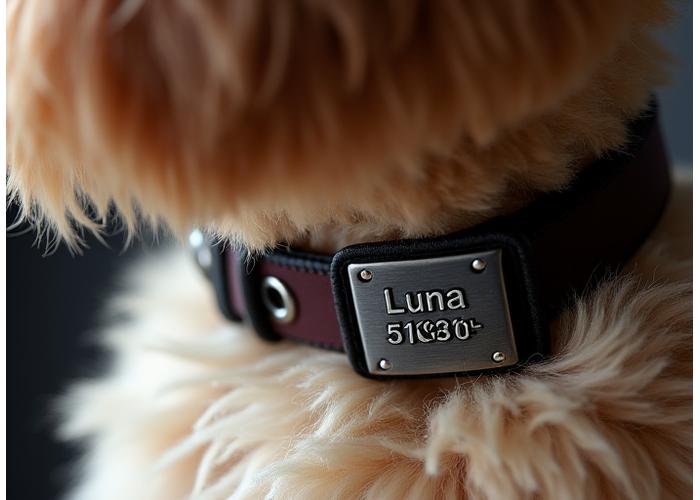 Close-up of a dog collar with a name engraved on a metallic tag