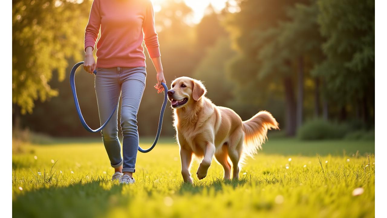 Happy dog and owner on a comfortable walk with a premium leash