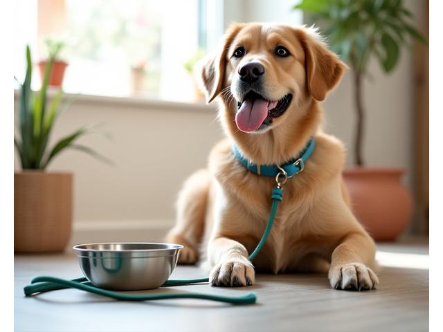 Golden Retriever smiling with a stylish blue collar, a green leash, and a clean, stainless steel dog bowl nearby.
